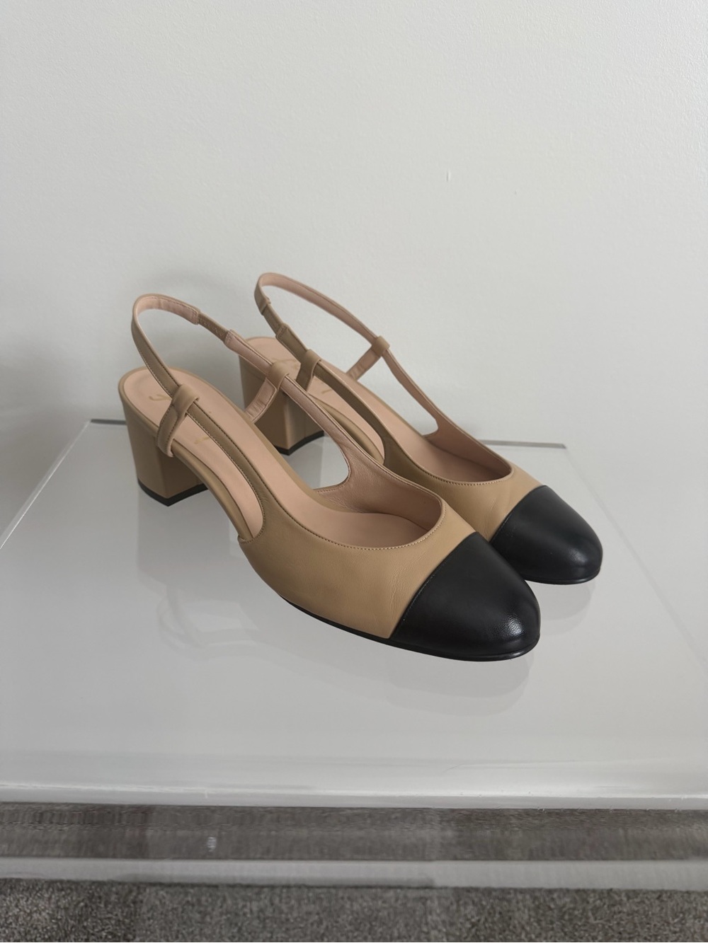 French Sole Beige and Black Slingback Block Heels
